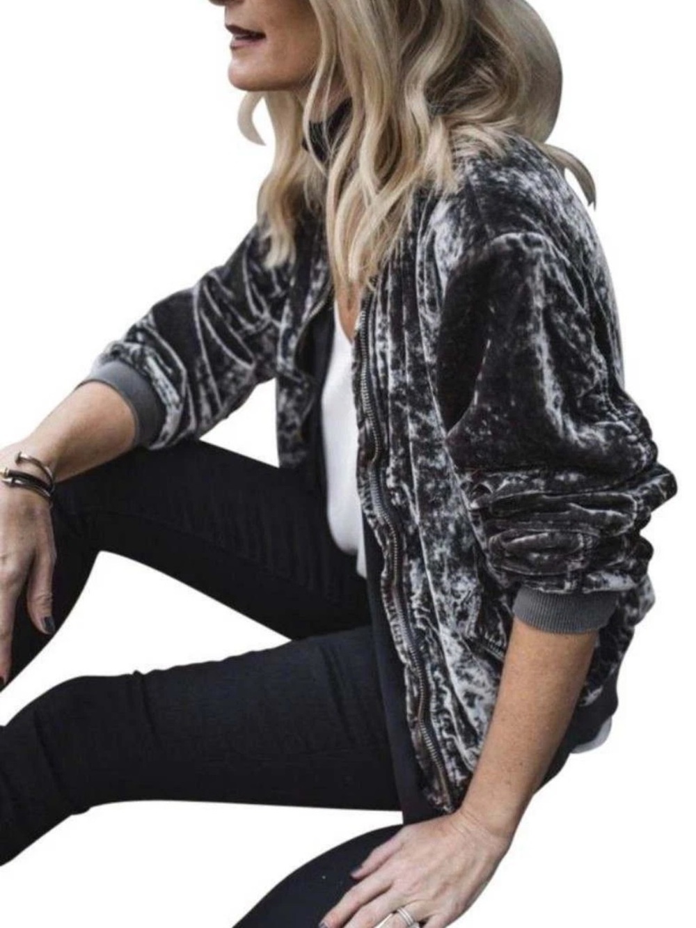 Free People Crushed Velvet Ruched Bomber Jacket in Charcoal “Like New”